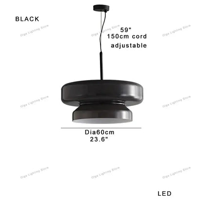 Black led pendant lights with two concentric circular shades and adjustable 150cm cord for amber glass ceiling pendant use