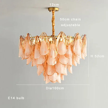 DecorBites™ amber glass chandelier with peach-colored glass, gold frame, and leaf-shaped shades for living rooms