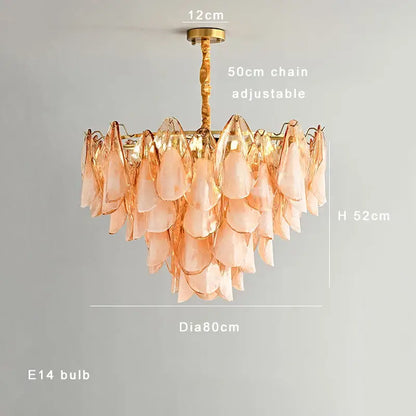 Decorbites amber glass chandelier featuring delicate rose gold frame and cascading translucent peach glass petals