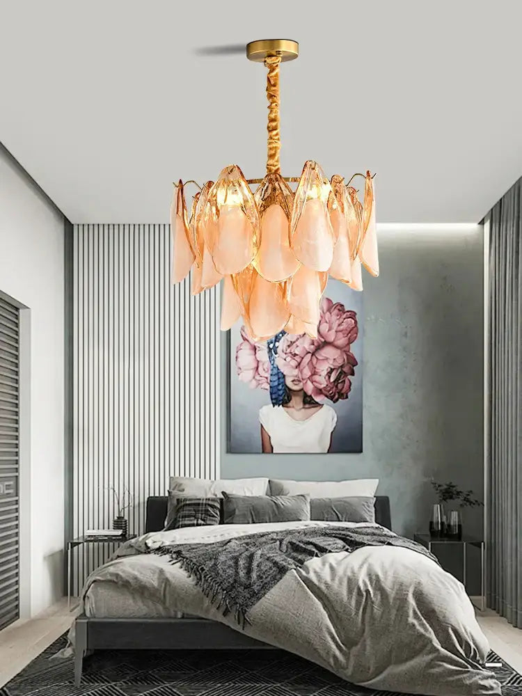 DecorBites™ amber glass chandelier with delicate peach-colored glass and gold-toned frame for living room hall lighting