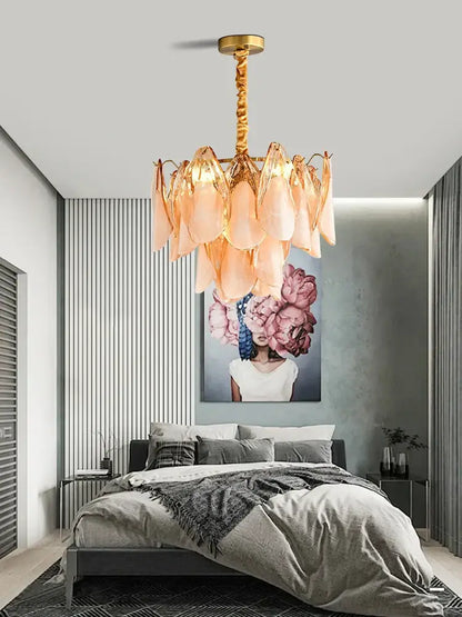 DecorBites™ amber glass chandelier with delicate peach-colored glass and gold-toned frame for living room hall lighting
