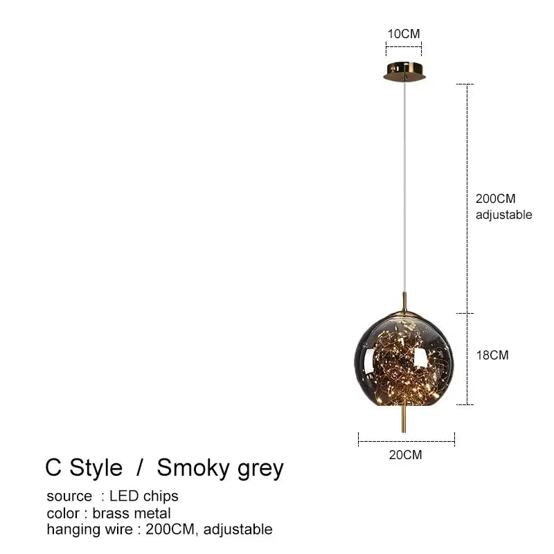 Smoky grey spherical amber glass chandelier with brass accents and led chips for luxury bedroom and dining room lighting