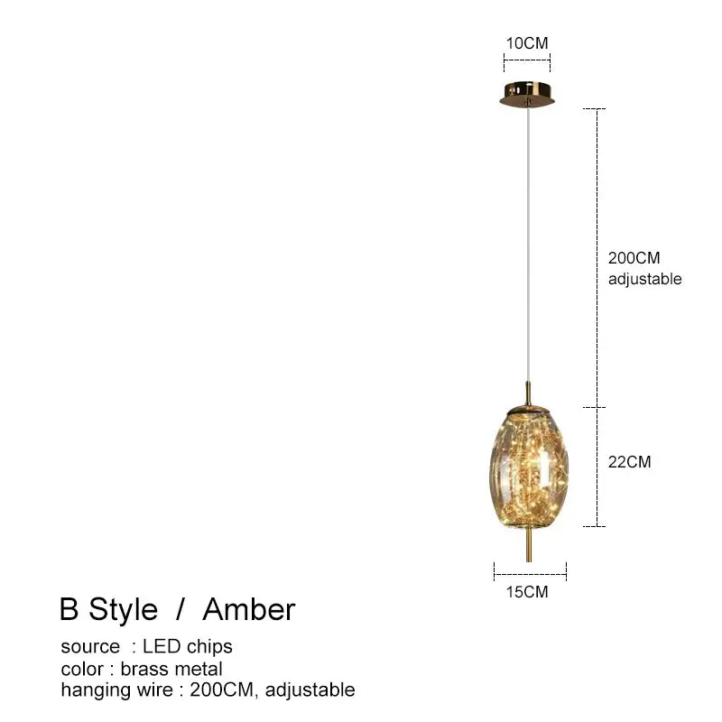 DecorBites™ amber glass chandelier with brass accents and adjustable 200cm wire for elegant pendant lighting