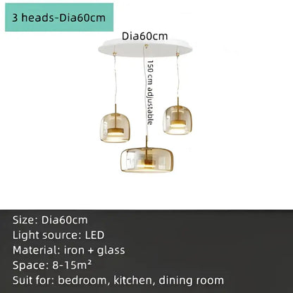 Decorbites amber glass chandelier pendant light with three amber glass shades and iron chains for living room and kitchen