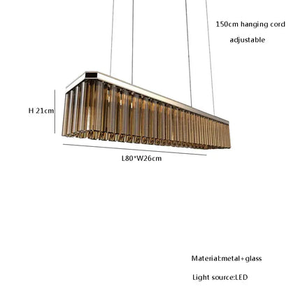 DecorBites™ amber glass chandelier with sleek metallic frame and cascading amber-tinted glass tubes for Nordic dining room