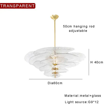 Transparent layered amber glass chandelier with gold-toned metal rod and fixture for elegant living space lighting
