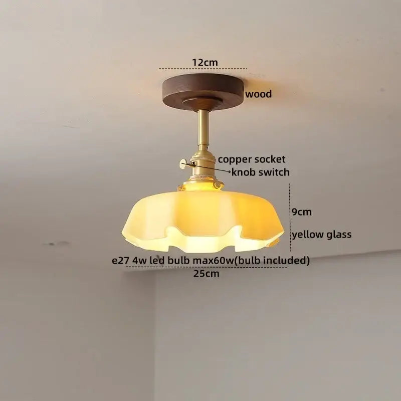 DecorBites™ amber glass copper ceiling light fixture with wooden base and yellow glass shade for modern home decor