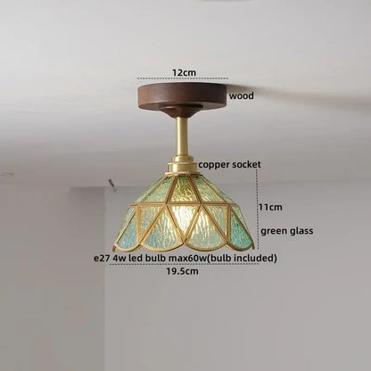 DecorBites™ ceiling light fixture with dark wood mount brass accents and faceted green glass shade for modern decor