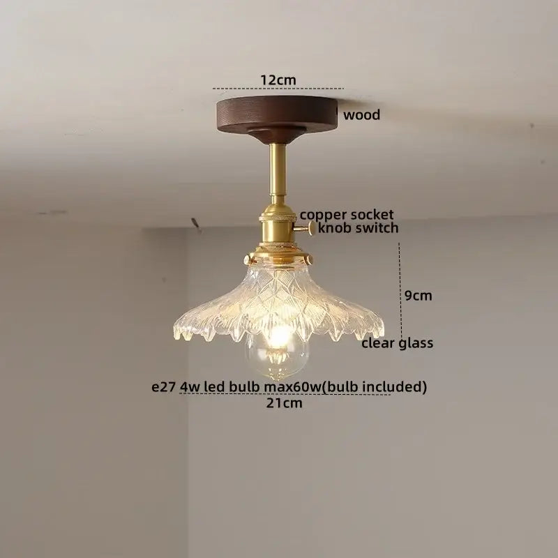 DecorBites amber glass copper ceiling light fixture with dark wood base and ornate clear glass shade for modern decor