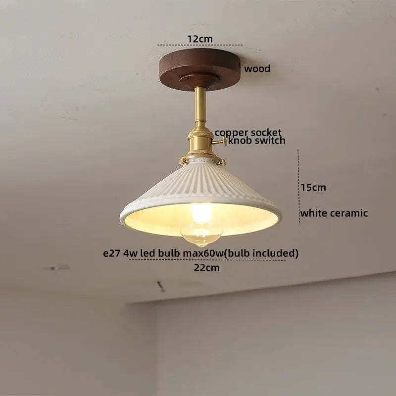 DecorBites™ ceiling light fixture with white ceramic fluted pendant, brass copper socket, and dark wood ceiling plate