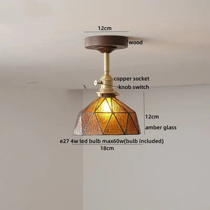 Decorbites amber glass copper ceiling light fixture with wood mount for modern home decor lighting