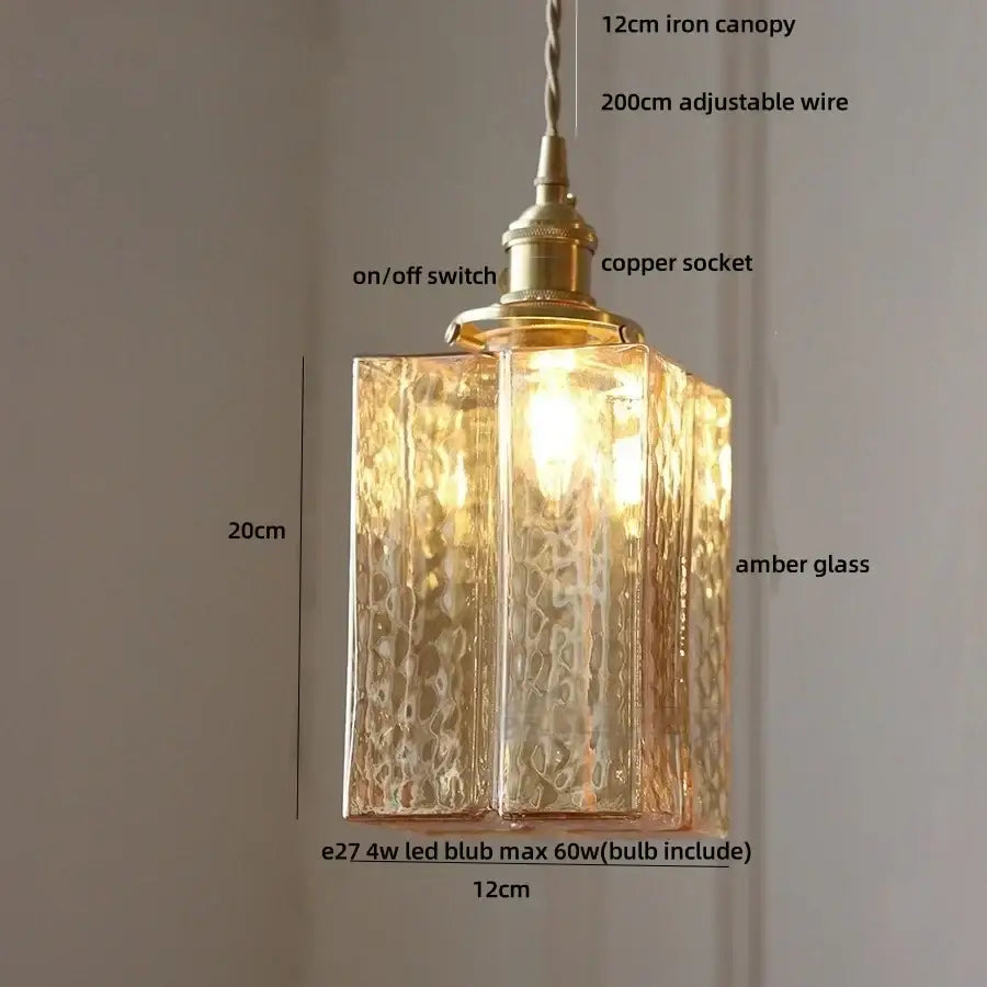 DecorBites amber glass cube led pendant lights with warm amber textured glass and brass hardware for kitchen and bedroom