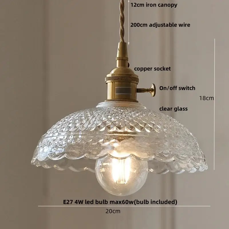 DecorBites amber glass cube led pendant lights with clear textured scalloped glass and brass-finished metal components