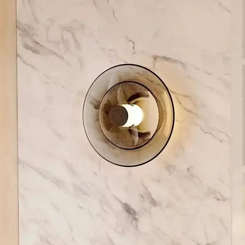 DecorBites amber glass disc wall lamp with frosted glass shade and warm diffused light modern minimalist led sconce
