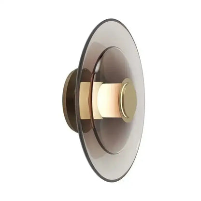 Modern minimalist led wall lamp with layered smoked glass shades and brass finished central accent by DecorBites