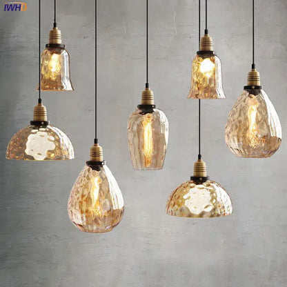 Set of six decorated amber glass industrial pendant lights with textured shades and brass glass industrial led fixtures