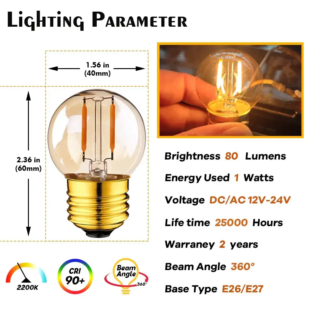Clear glass led bulb with amber glass led filament and golden screw base for low voltage rv ship use