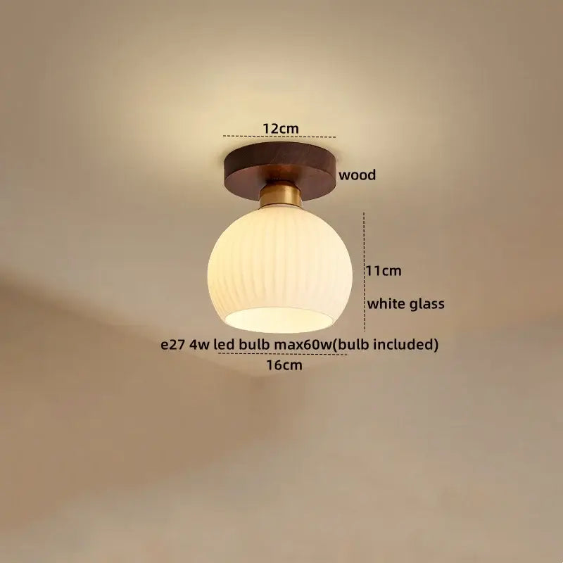 Decorbites™ amber glass led ceiling light with round white glass pendant, wooden base, and brass accents for kitchen balcony