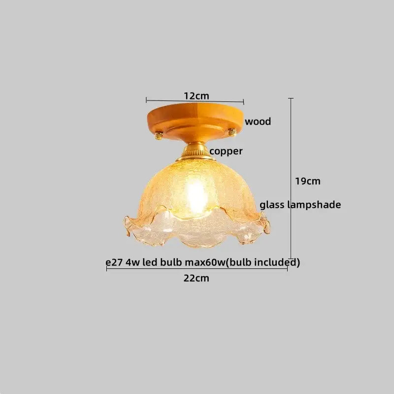 DecorBites amber glass LED ceiling light with warm textured glass and copper wood base for modern kitchen or balcony use