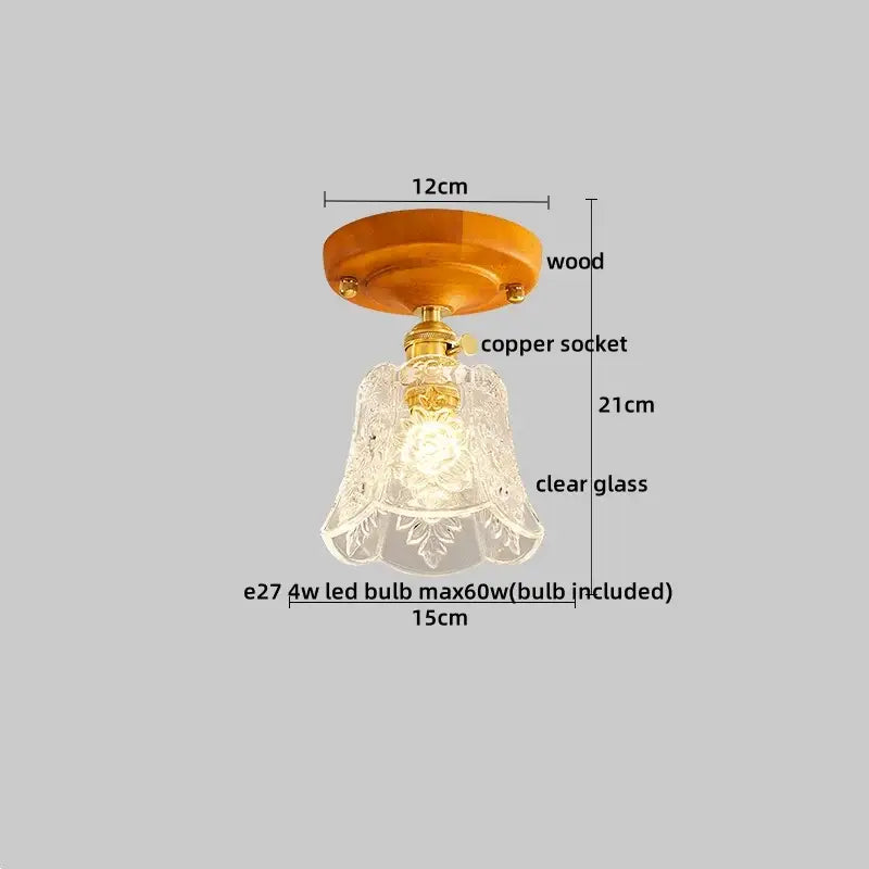 DecorBites™ amber glass led ceiling light with warm wood base copper socket and etched glass shade for kitchen balcony use