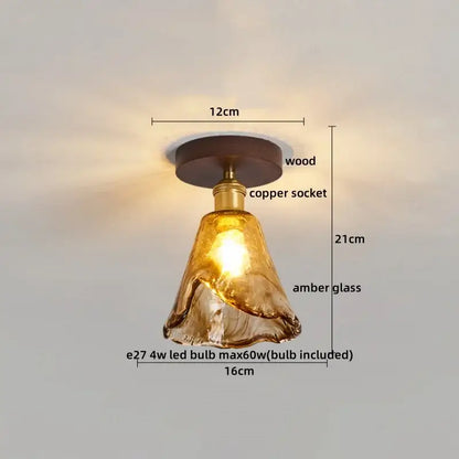 DecorBites amber glass led ceiling light with warm amber glass pendant, wooden base, and copper socket for modern spaces