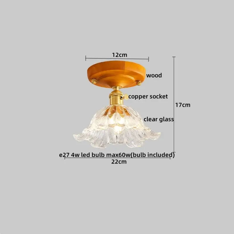 Decorbites amber glass led ceiling light with delicate flower-shaped glass, brass copper socket, and warm wood base