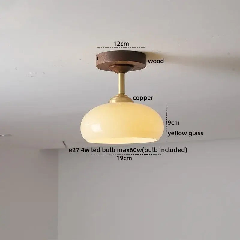 DecorBites™ amber glass led ceiling light with wooden canopy and copper stem, warm glow for kids room fixture