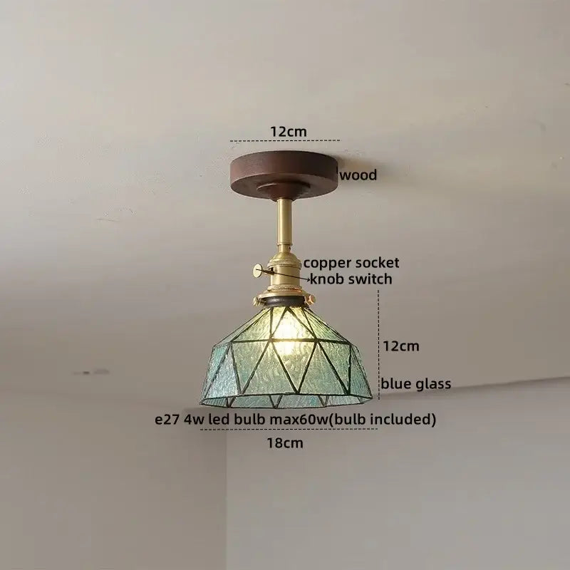 DecorBites™ amber glass led ceiling light with blue geometric glass shade and dark wood base for kids room fixture