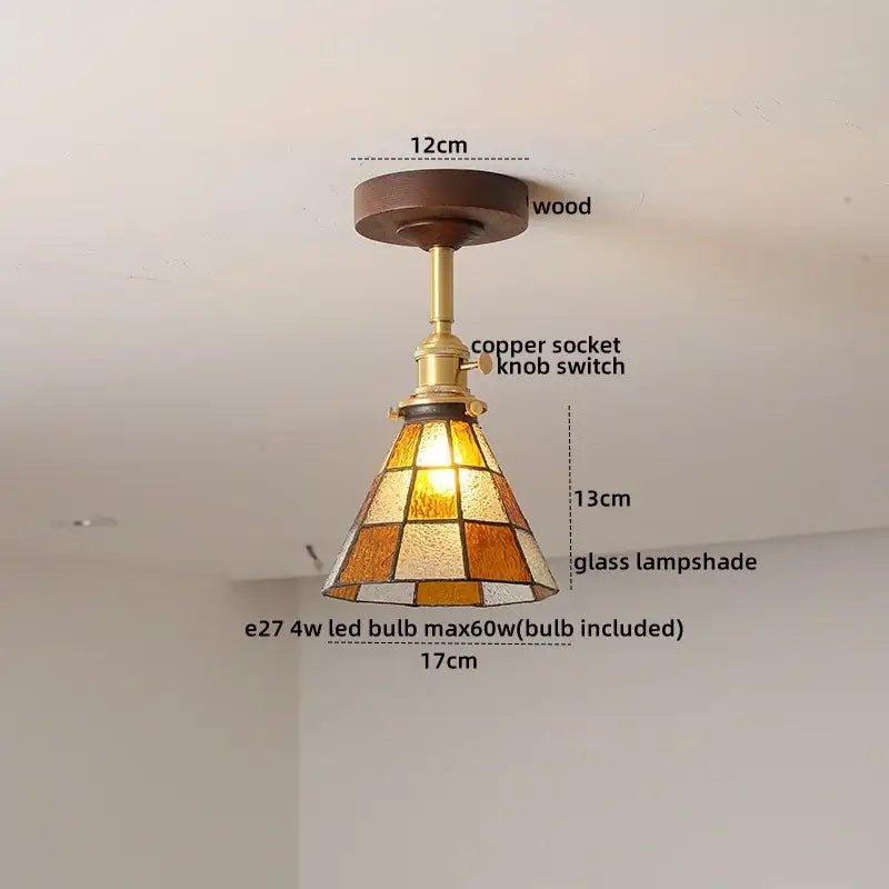 DecorBites amber glass led ceiling light with warm stained glass panels, brass copper socket, and wood base for kids room