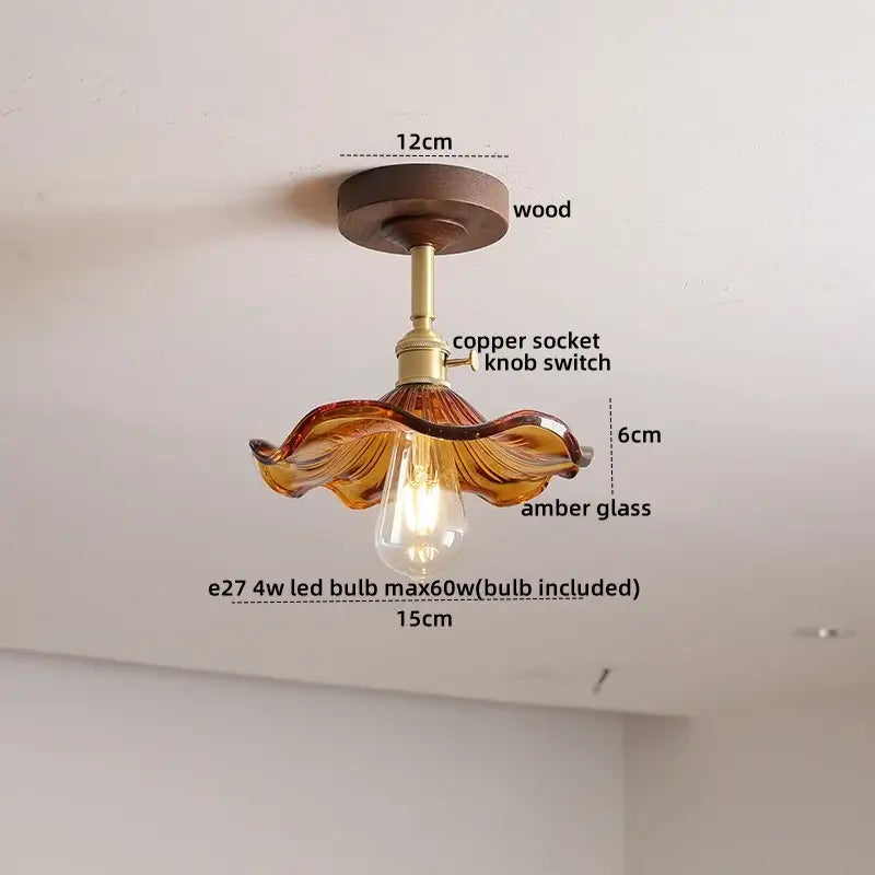 DecorBites amber glass led ceiling light with warm amber glass, copper socket, and modern wood canopy for kids room