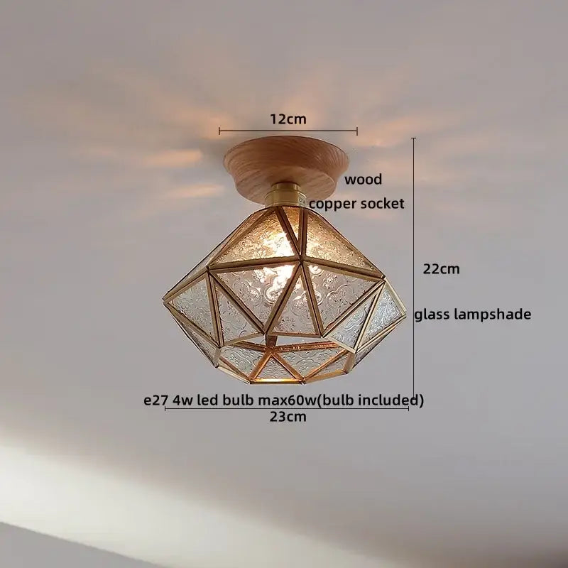 Geometric amber glass led ceiling light with brass frame and wooden mount for modern home and restaurant decor