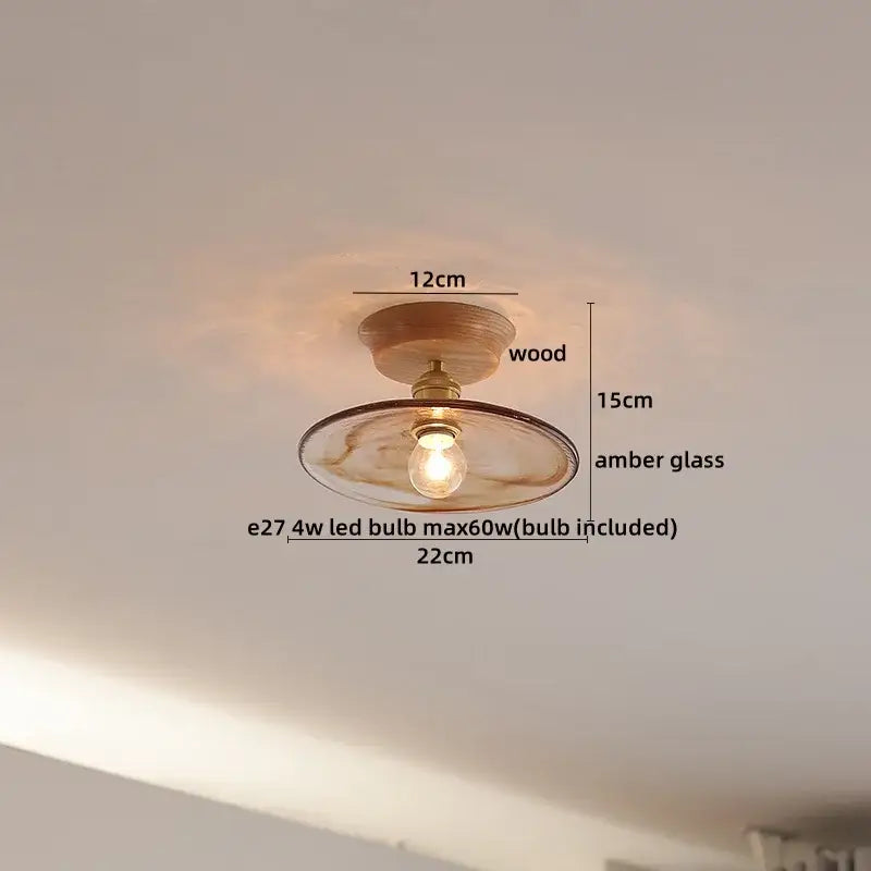 DecorBites amber glass led ceiling light with amber glass shade and wooden base for modern home porch decoration