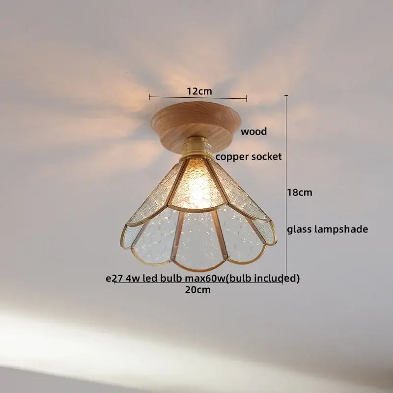 DecorBites amber glass led ceiling light with wooden base copper socket and floral pattern glass shade for home decor