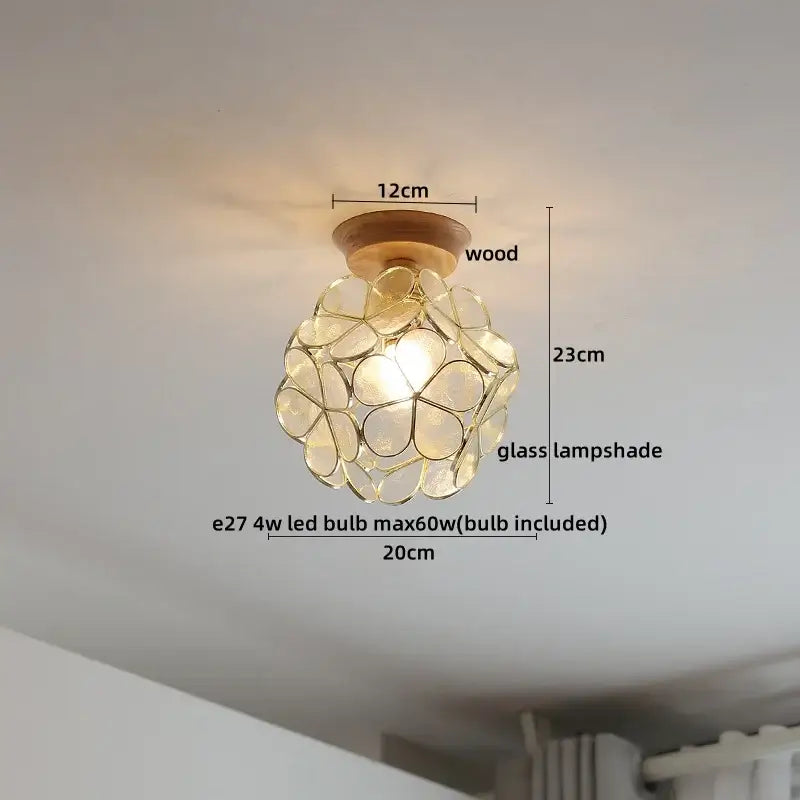 DecorBites amber glass led ceiling light with delicate floral glass lampshade and warm wooden base for modern decor