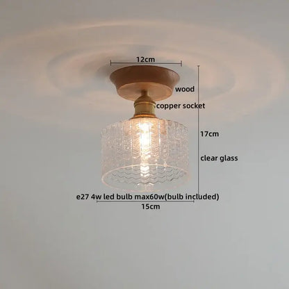Decorbites amber glass led ceiling light with textured glass pendant, wooden base, and copper socket for modern decor