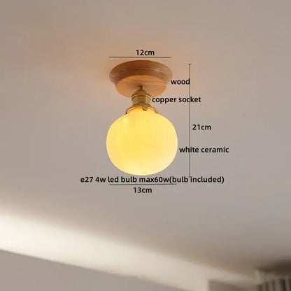 DecorBites amber glass led ceiling light with warm white ceramic globe, wooden base, and copper socket for modern decor