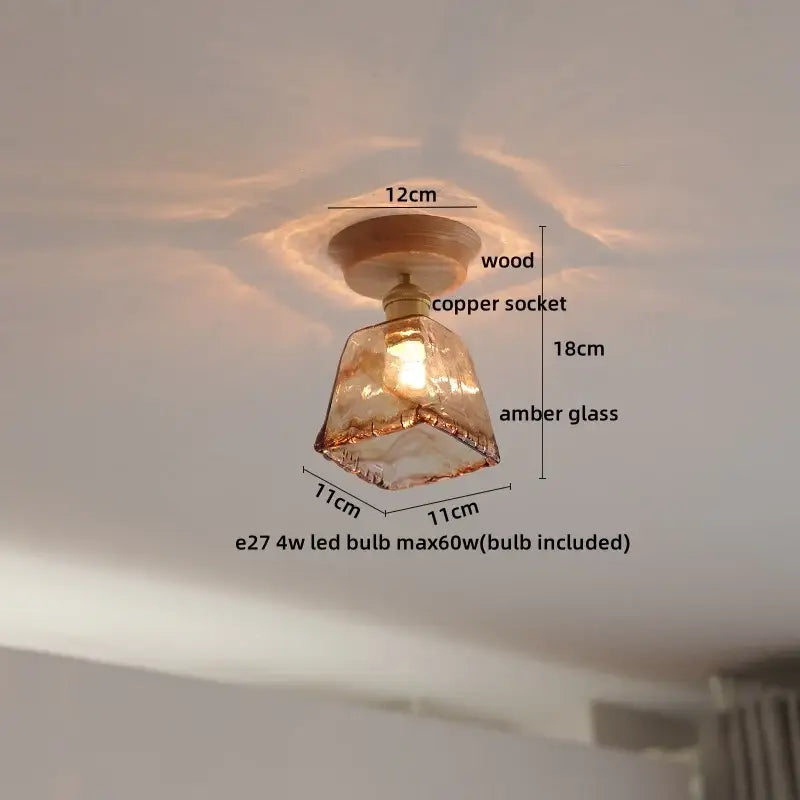DecorBites amber glass led ceiling light with faceted warm amber glass shade wooden base and copper socket for modern decor