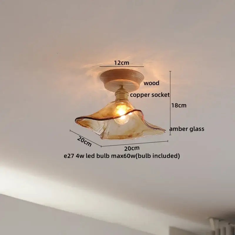 Decorbites amber glass led ceiling light with warm amber glass fluted design wooden base and copper socket for modern decor
