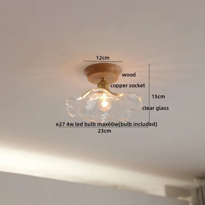 DecorBites amber glass led ceiling light with clear glass pendant scalloped design wooden base and copper socket