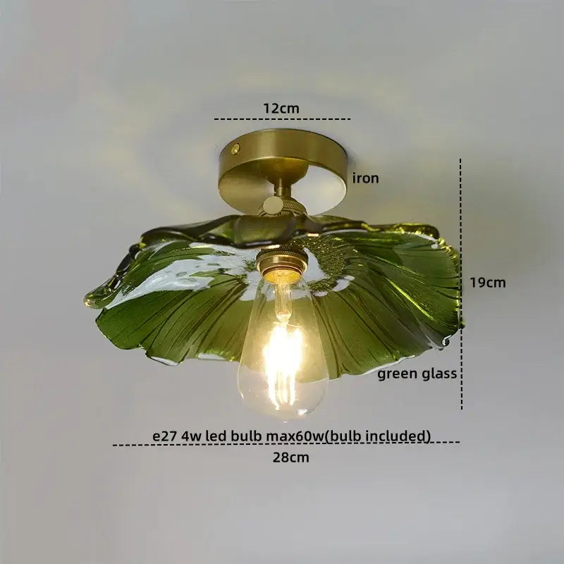 Decorbites amber glass led ceiling lights with brass iron base and green glass leaf shade featuring clear edison bulb