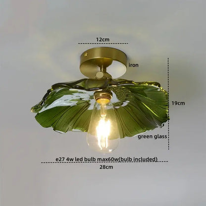 Decorbites amber glass led ceiling lights with brass iron base and green glass leaf shade featuring clear edison bulb