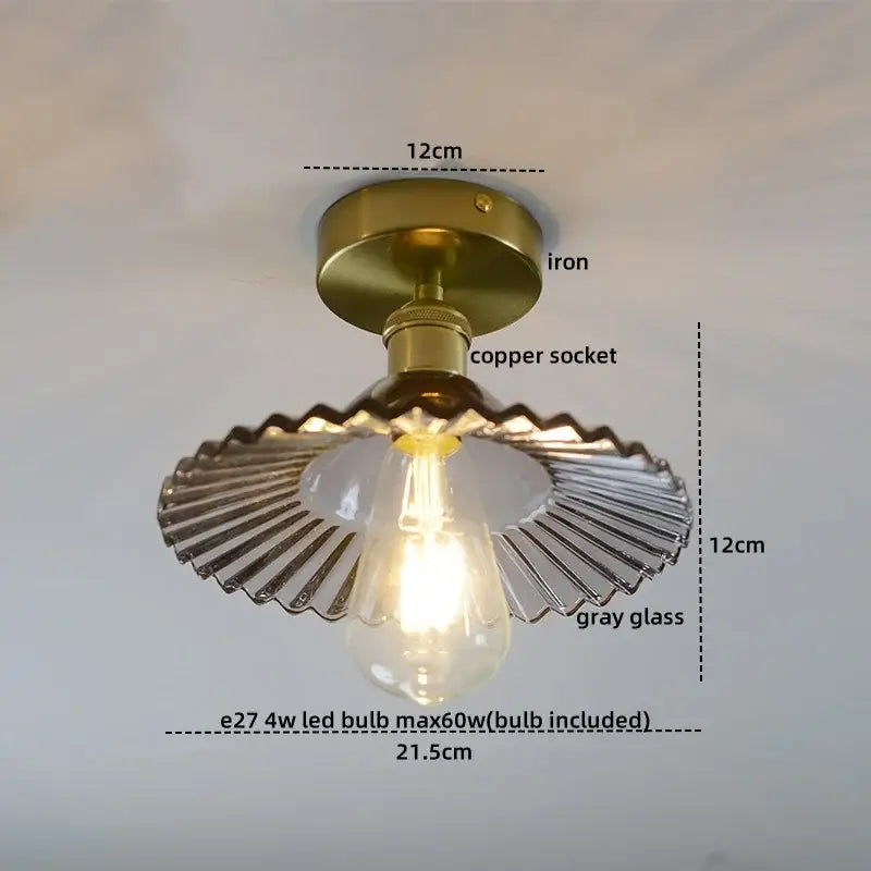 DecorBites™ amber glass led ceiling lights with brass iron base copper socket and scalloped gray glass shade