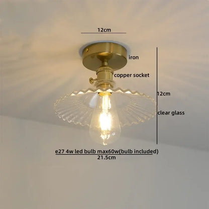 Decorbites™ amber glass led ceiling lights with vintage brass iron base copper socket and scalloped glass shade design