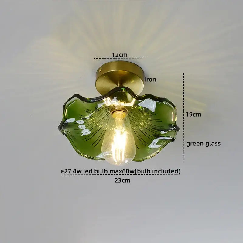 Decorbites™ amber glass led ceiling lights featuring a delicate green glass leaf design with brass iron base and copper socket