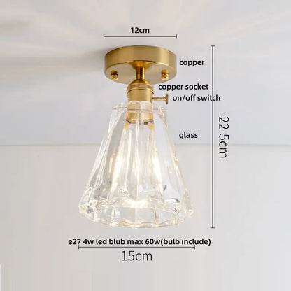 DecorBites amber glass led ceiling light with clear faceted glass pendant and brass copper-finished mounting base and switch