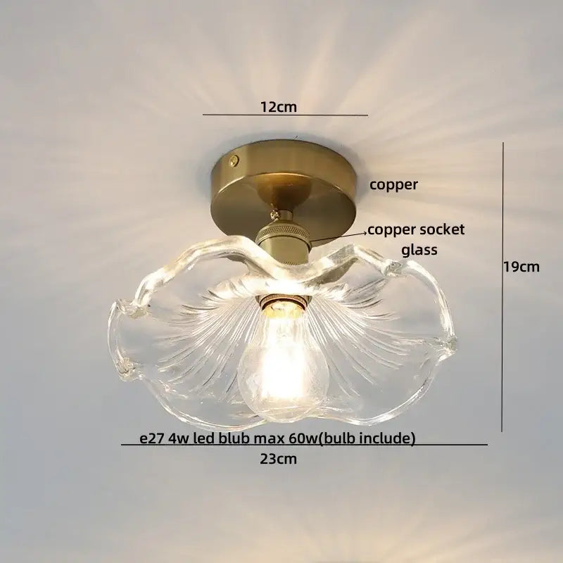 DecorBites amber glass led ceiling light with clear hand-blown fluted design and antique brass copper base for living room