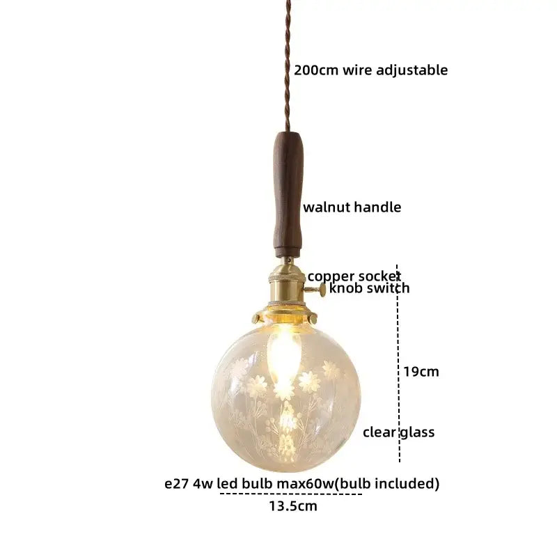 DecorBites amber glass led pendant lamp with clear globe, floral etchings, walnut handle, and adjustable 200cm wire