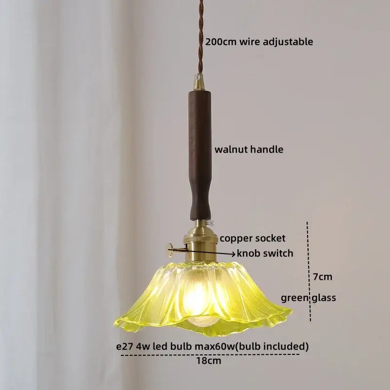 Decorbites™ amber glass led pendant lamp with delicate green fluted glass and dark walnut handle for home decor