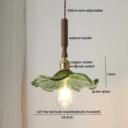 DecorBites amber glass led pendant lamp with green glass, walnut handle, and copper socket for home decor