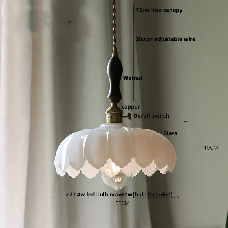 Decorbites™ amber glass led pendant lamp with delicate white fluted glass and dark walnut wooden handle